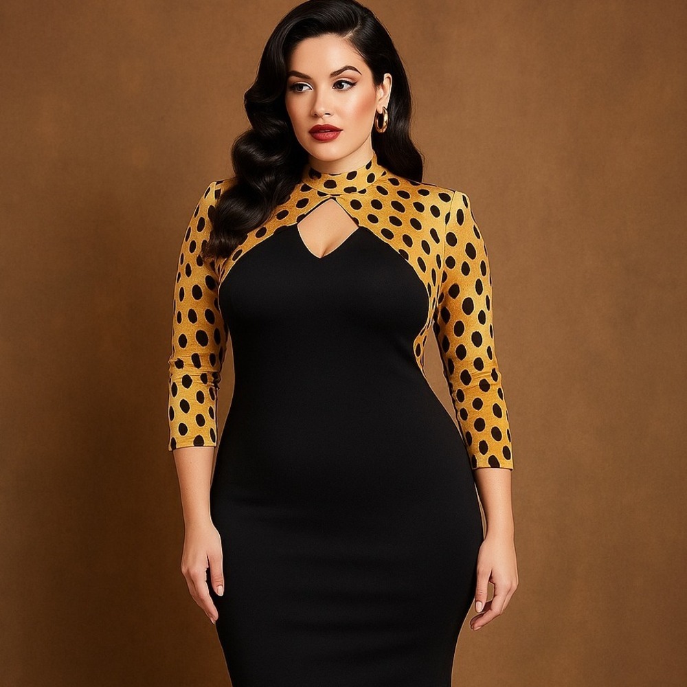Vintage 70s Leopard Print Black Bodycon Dress Keyhole Mock Neck Disco Glam M